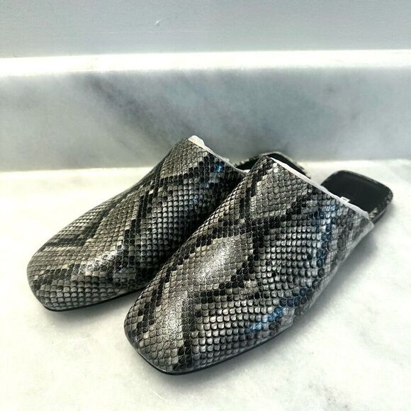 NWT DKNY Textured Python Leather Square Toe Flat Slide Mules Black White Sz 7.5 - Picture 1 of 7